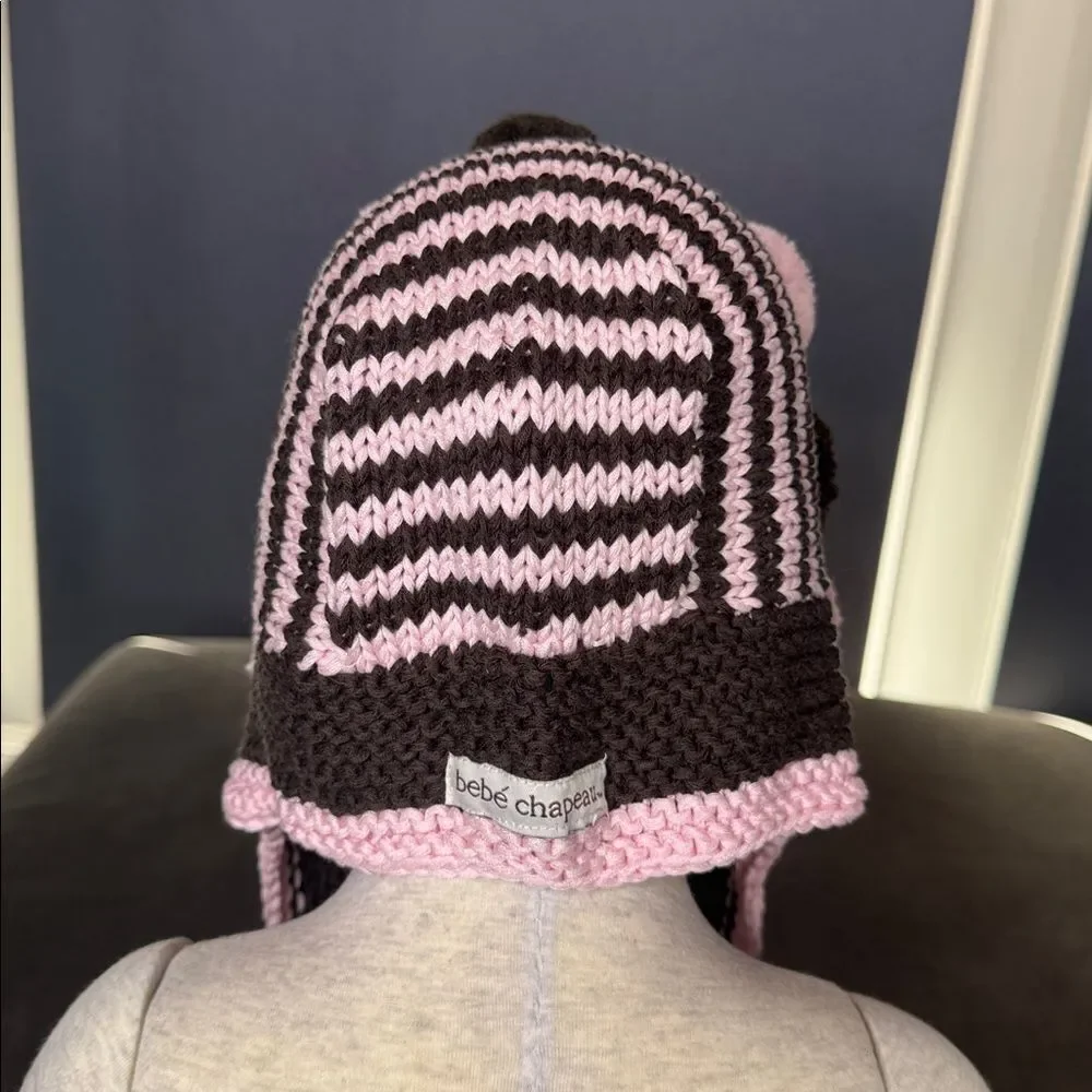 Bebe Chapeau Toddler Girl Patterson Hat Pink Brown Pom Poms 12-24 months NEW